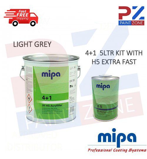 MIPA 4 + 1 ACRY FILLER 2K PRIMER HIGH BUILD LIGHT GREY 4LTR + H5 1LTR 5LTR KIT